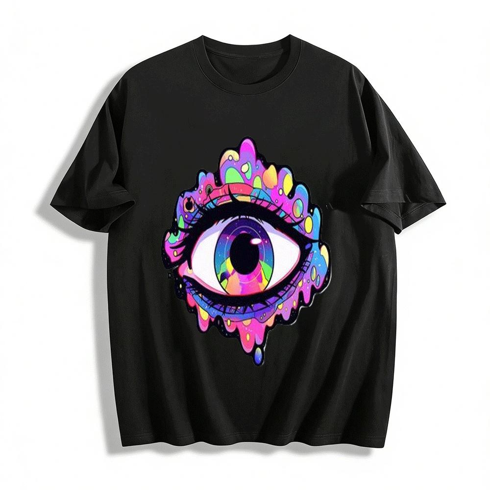 

Psychedelic Art Style Colorful Eye Print Trendy Casual Top Pure cotton T-shirt XXS