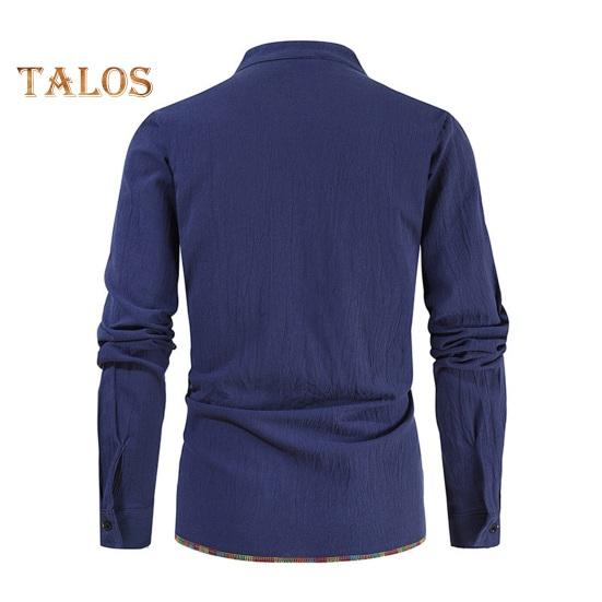 Spring Autumn Men Shirt Lace-up Stand Collar Long Sleeves Solid Color Loose Retro Medieval Mid Length Casual Commuting Office Top