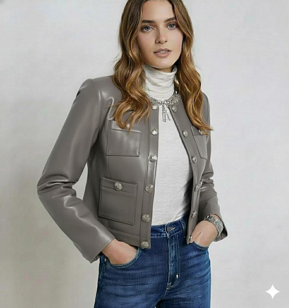 Повседневная женская куртка из натуральной мягкой серой кожи ручной работы, стильная куртка-тракер из овчины S серый