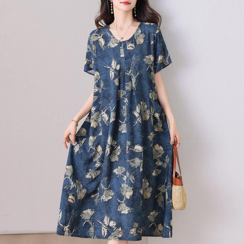 Übergröße, langes Sommerkleid mit Vintage-Druck für Damen, elegantes, kurzärmeliges, lockeres Sommerkleid in Übergröße