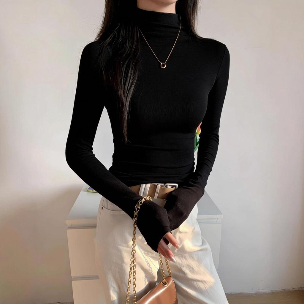 Women's Retro Ribbed Long Sleeve Turtleneck Base Layer Shirt for Autumn/Winter