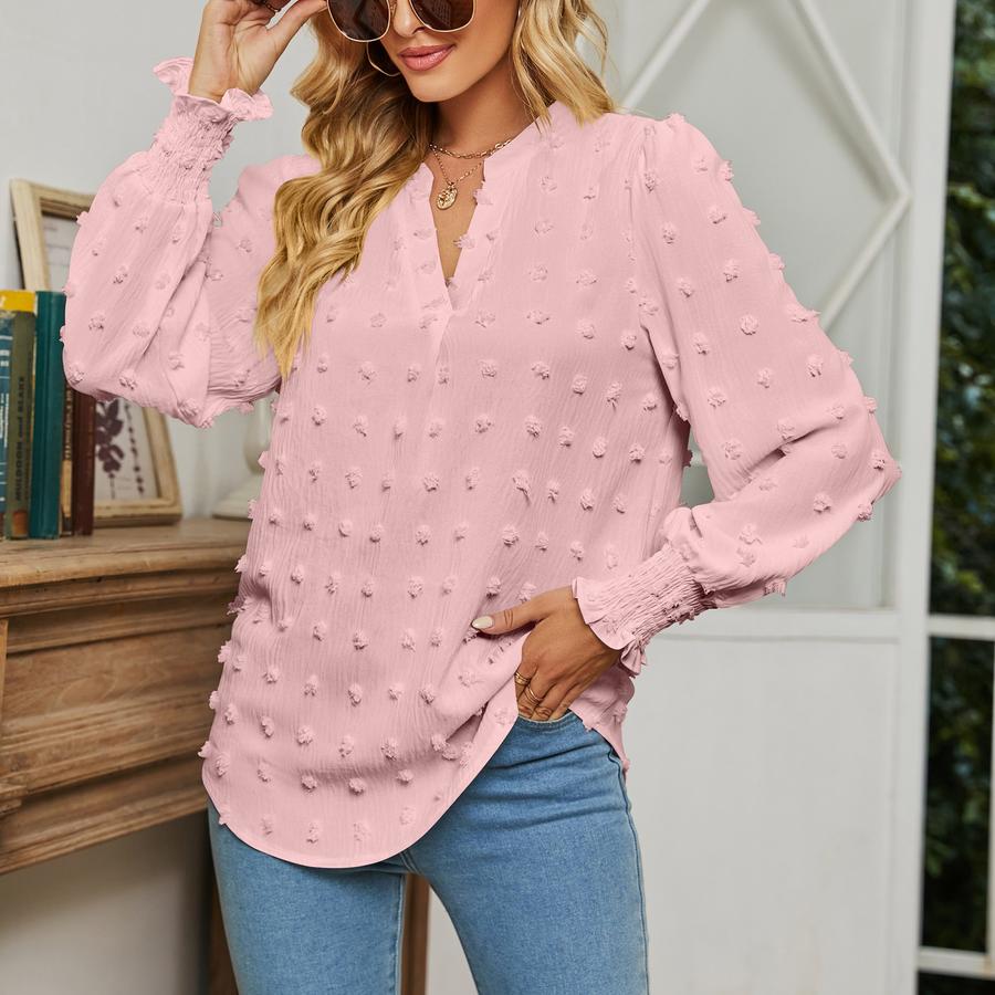 Women's Autumn New Arrivals Polka Dot Long Sleeve Bubble Sleeve V-Neck Blouse Top