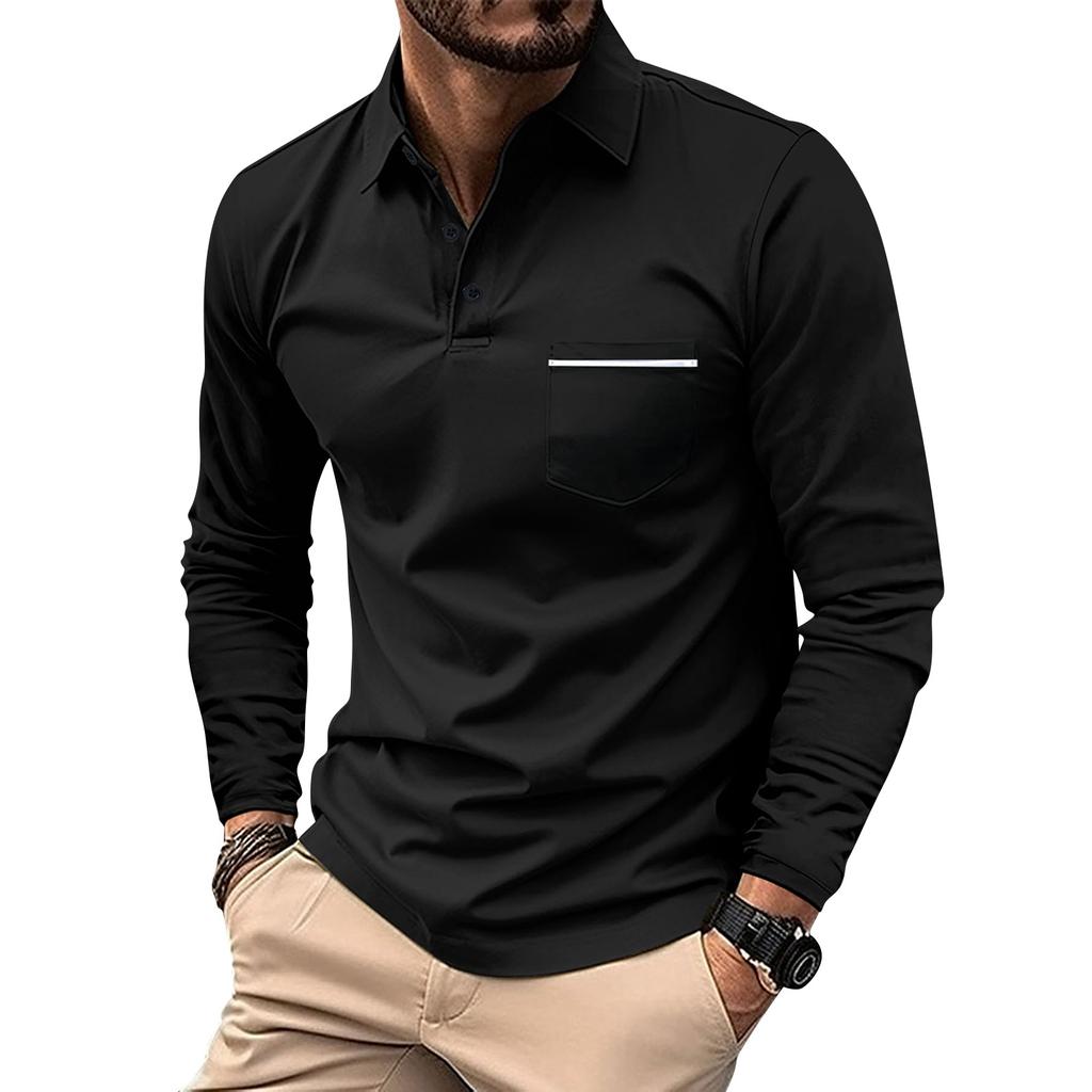 Herren Langarm Poloshirt Klassische Passform Weicher Stoff Knopfleiste Kragen Brusttasche Lässiges Oberteil
