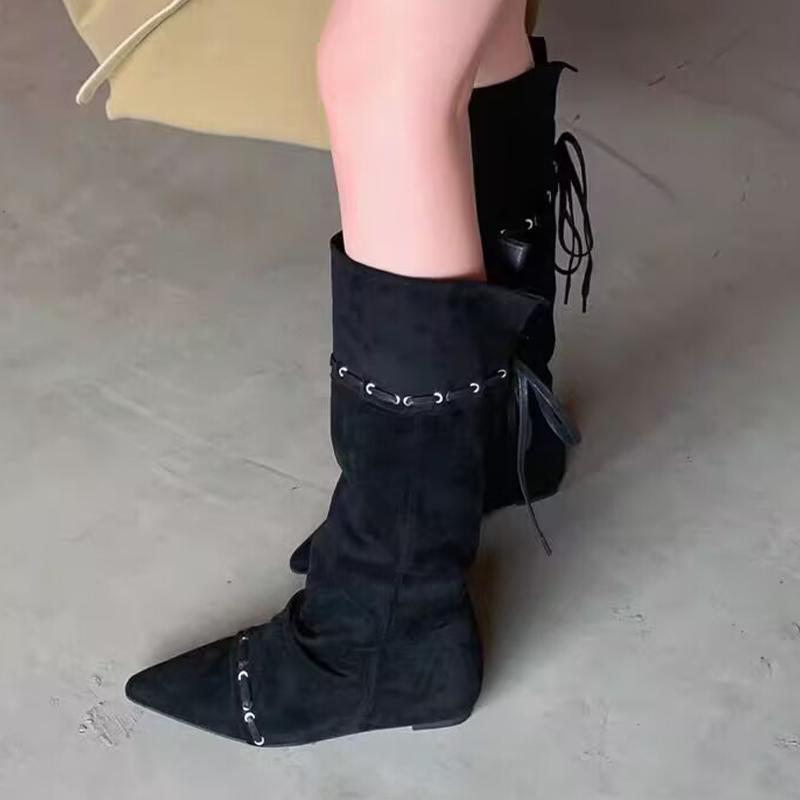 Fashion Designer Women Flats High Boots Pointed Toe Fashion Shoes Lace Up 2025 Winter Chelsea Boots New Trend Gladiator Mujer De Botas