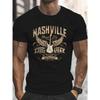 Pánské tričko Nashville Music City s grafickým potiskem kytary, evropská velikost - černé se zlatým nápisem, ležérní letní tričko s krátkým rukávem a kulatým výstřihem