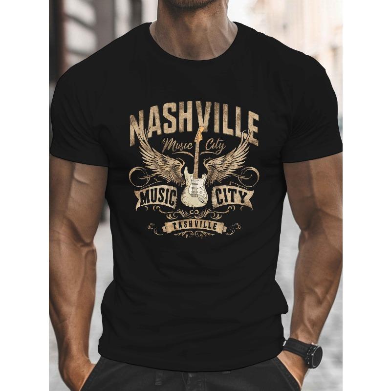 Europäische Größe Herren Nashville Music City Gitarren Grafik T-Shirt - Schwarz mit Goldener Schrift, Lässiges Kurzarm Rundhals Sommer T-Shirt