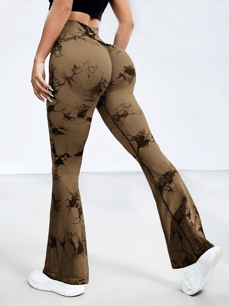 Damen High-Waist Batik Schlag-Yoga-Hose - Pfirsich Po, Atmungsaktiv, Schlankmachend, Weitbeinige Fitness-Tights