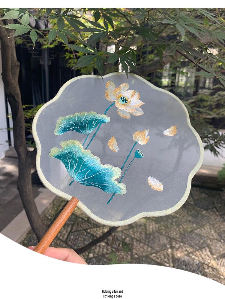 Lingjuan Palace Double-Sided Embroidered Lotus Fan: Beechwood Handle, Classical Chinese Dance Fan