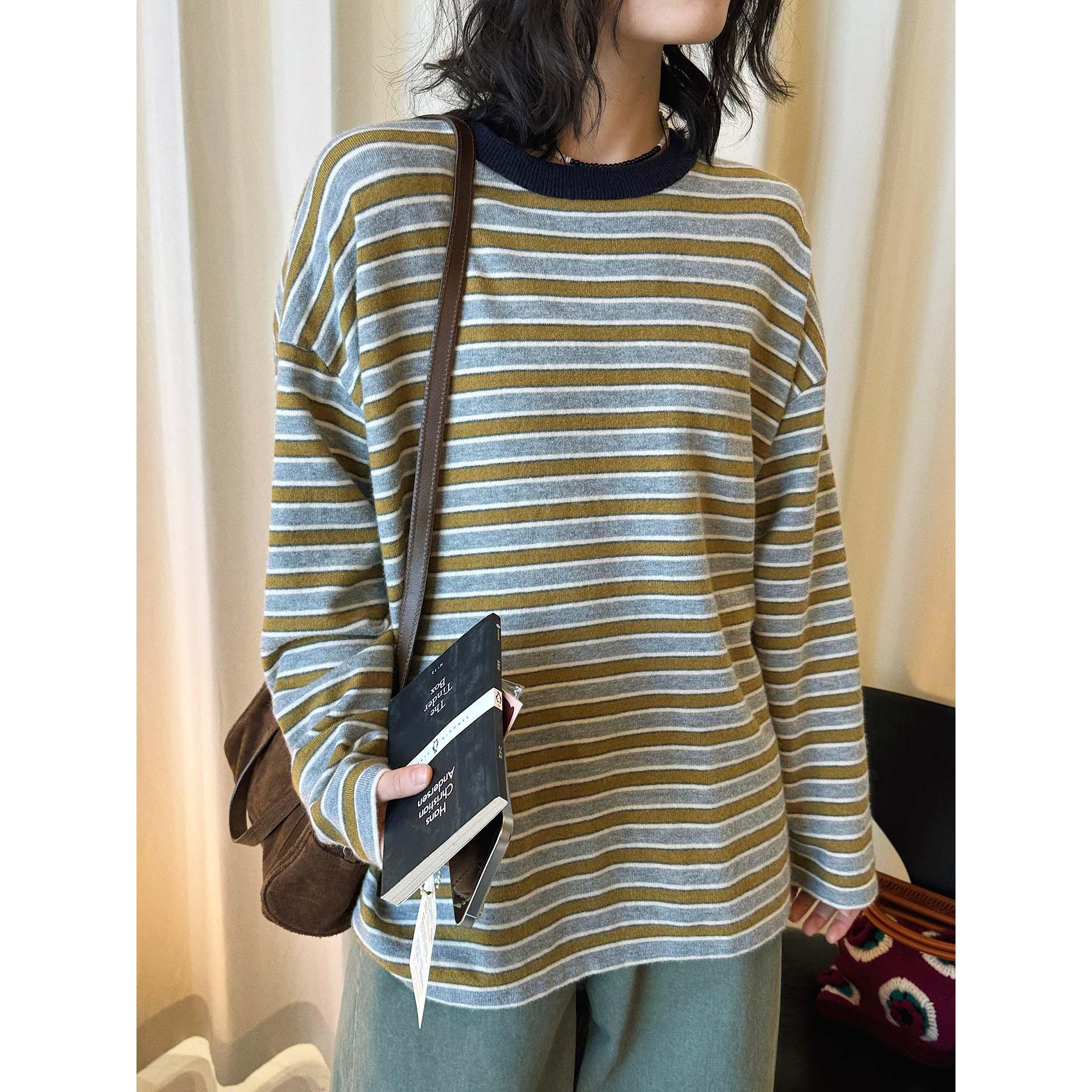 Louvre Spring Korean Retro Color Block Striped Round Neck Loose T-shirt for Women One Size жёлтый