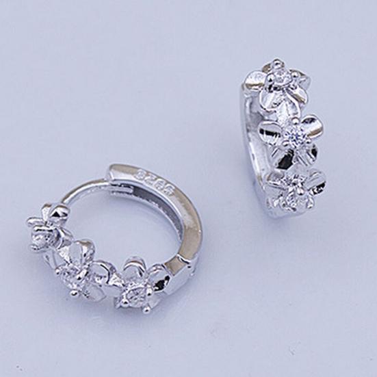 Lady Flower Faux Sweet Rhinestone Huggie Silver Plated Earrings Hoops