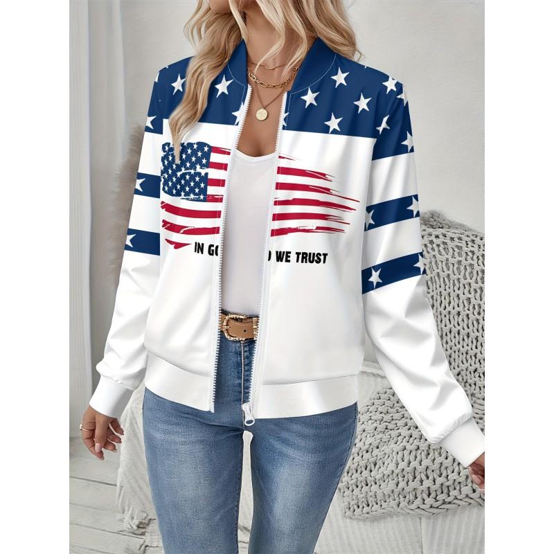 Womens Casual Zip-Up Jacket With 3D Letter Print Fashion Lightweight Outerwear Daily Wear