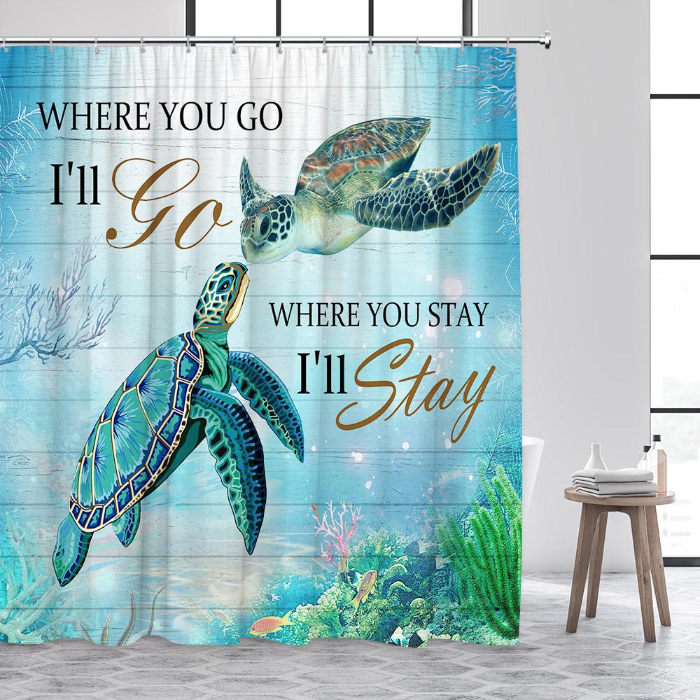 Ocean Sea Turtle Shower Curtain Seahorse Starfish Seagrass Fish Animals Underwater Scenery Fabric Bathroom Curtains Decor Set
