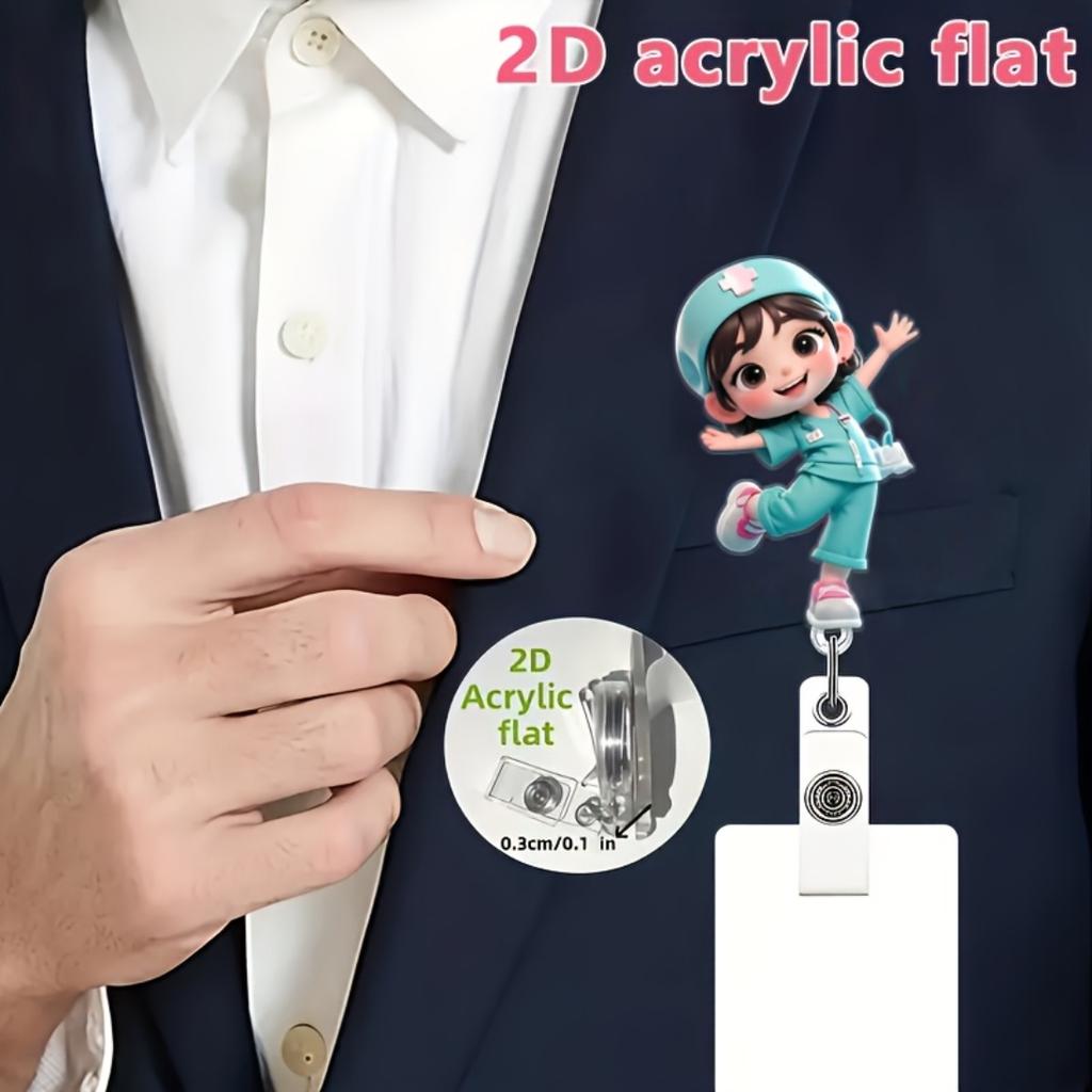 2D Flat Acrylic Nurse Girl With Nurse Cap Retractable Badge Reel, Sturdy Medical ID Tag Clip Accessory For Medical Students Nurses And Hospital Worker