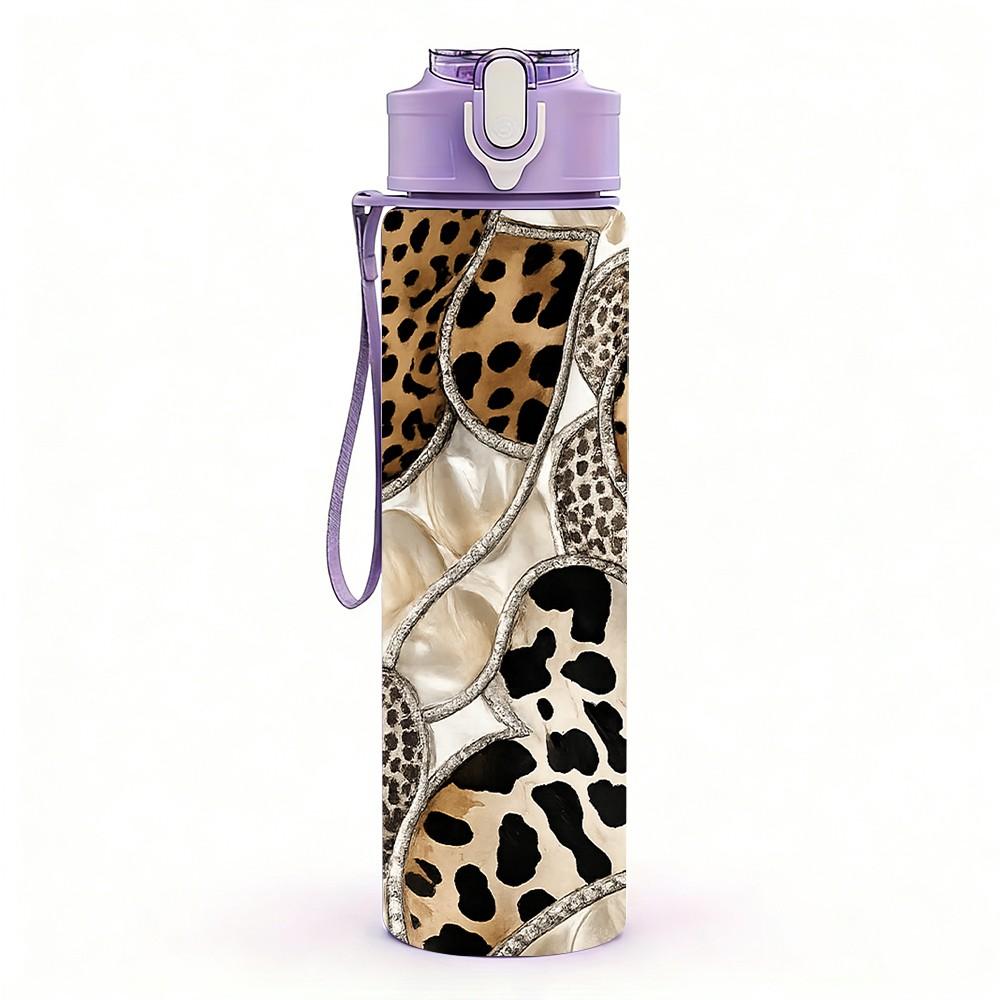 1PC Leopard Mixed Fur Pattern Print 750ml Color Plastic Sports Water Bottle Leakproof Flip Straw Lid Suitable for Sports Office Home Use