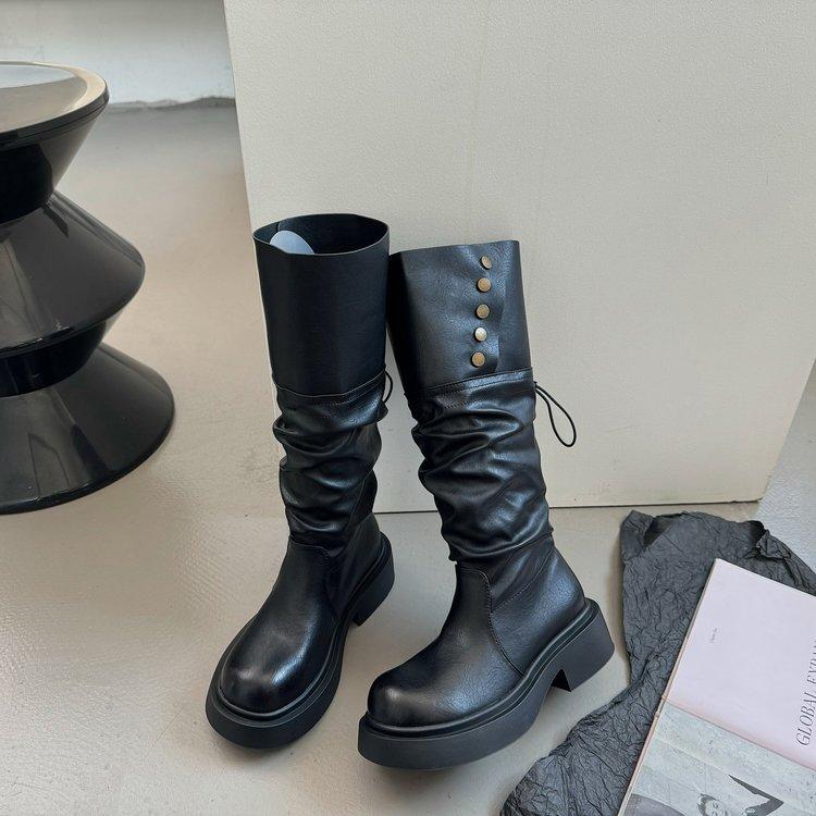

[youshilai] Black American retro thick heel platform boots women s 2025 new thin knight boots 35