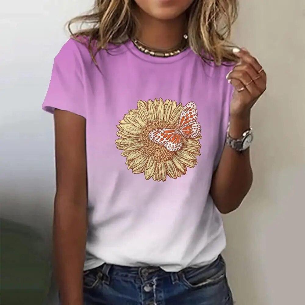 Fashion Floral Pattern 3D Digital Printing Women's Comfortable Round Neck Short Sleeved T-shirt