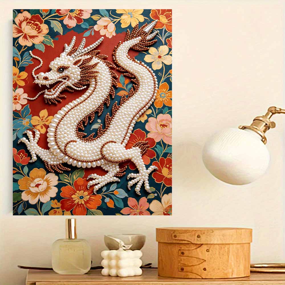 DIY Pearl Gem Chinese Dragon Floral Pattern Shining Bead Craft Art Home Wall Ornament Simple Unframed Room Decoration Modern Art Wall Hanging