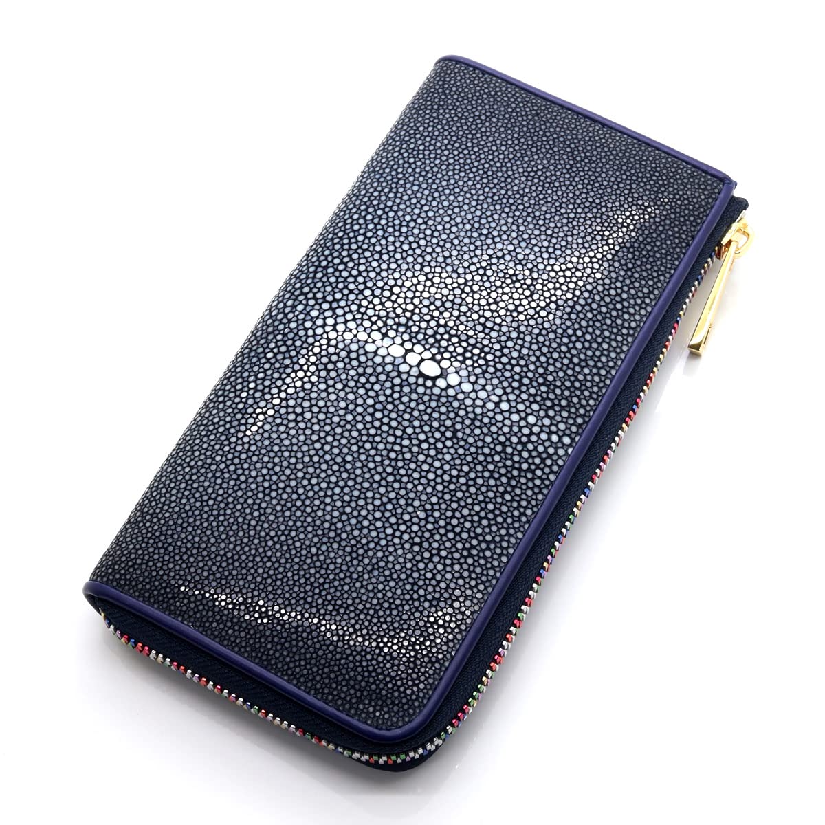 

Длинный кошелек Levetta из кожи ската, молния YKK разных цветов, застежка L-Zip, дизайн из галюша и кожи ската, темно-синий, мужской и женский, натуральная кожа