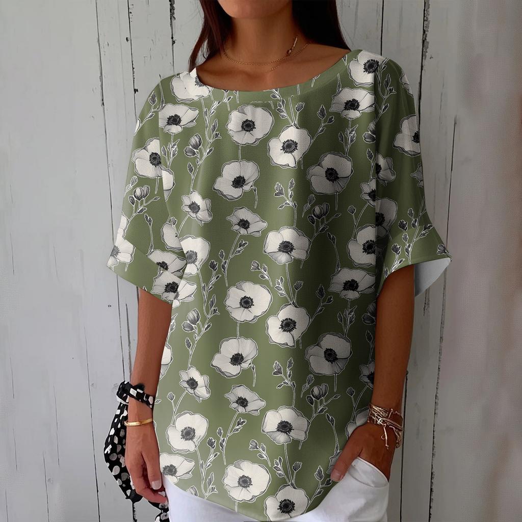 Women's Fashionable Casual Round Neck Printed Top Loose Top Printed Top Loose Top