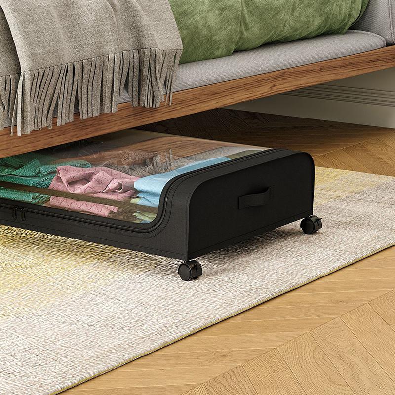 Curved Underbed Storage Box With Wheels Clear Dustproof Fabric Cover For Clothes Shoes Home Bedroom Space Saving Organizer