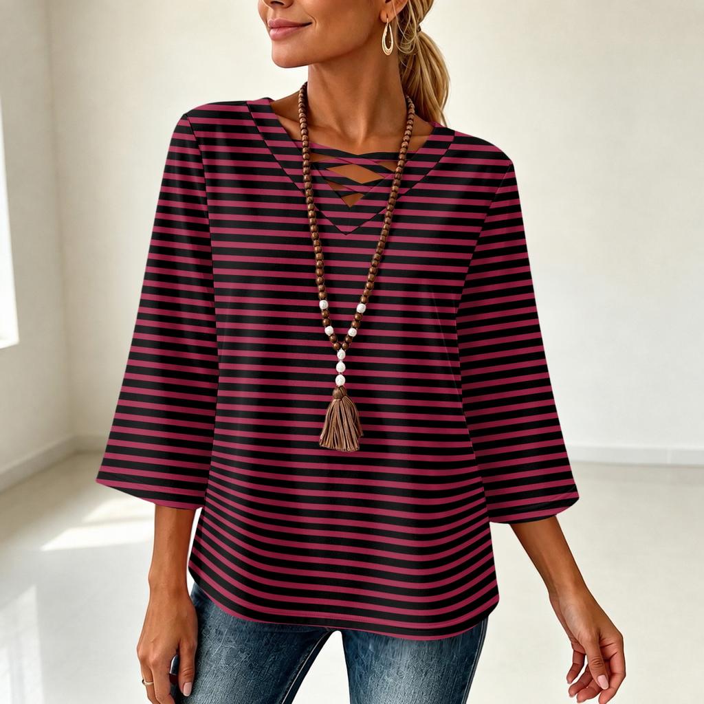 Damen V-Ausschnitt Dreiviertelarm Gestreift Locker Sitzendes T-Shirt