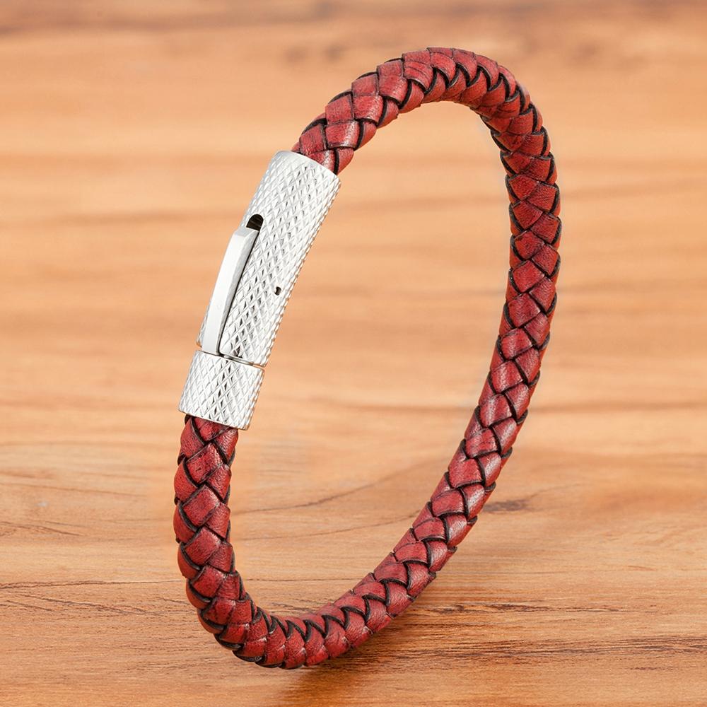 QIKU Fashion Mens Braided Leather Bracelet Black/Brown/Red Stainless Steel Retro Simple Bangle Jewelry Christmas Gift