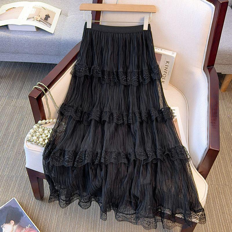 Women's Spring Lace High-Waist Tulle Tiered Cake Midi Skirt - Sweet Paneled Design Versatile & Slimming