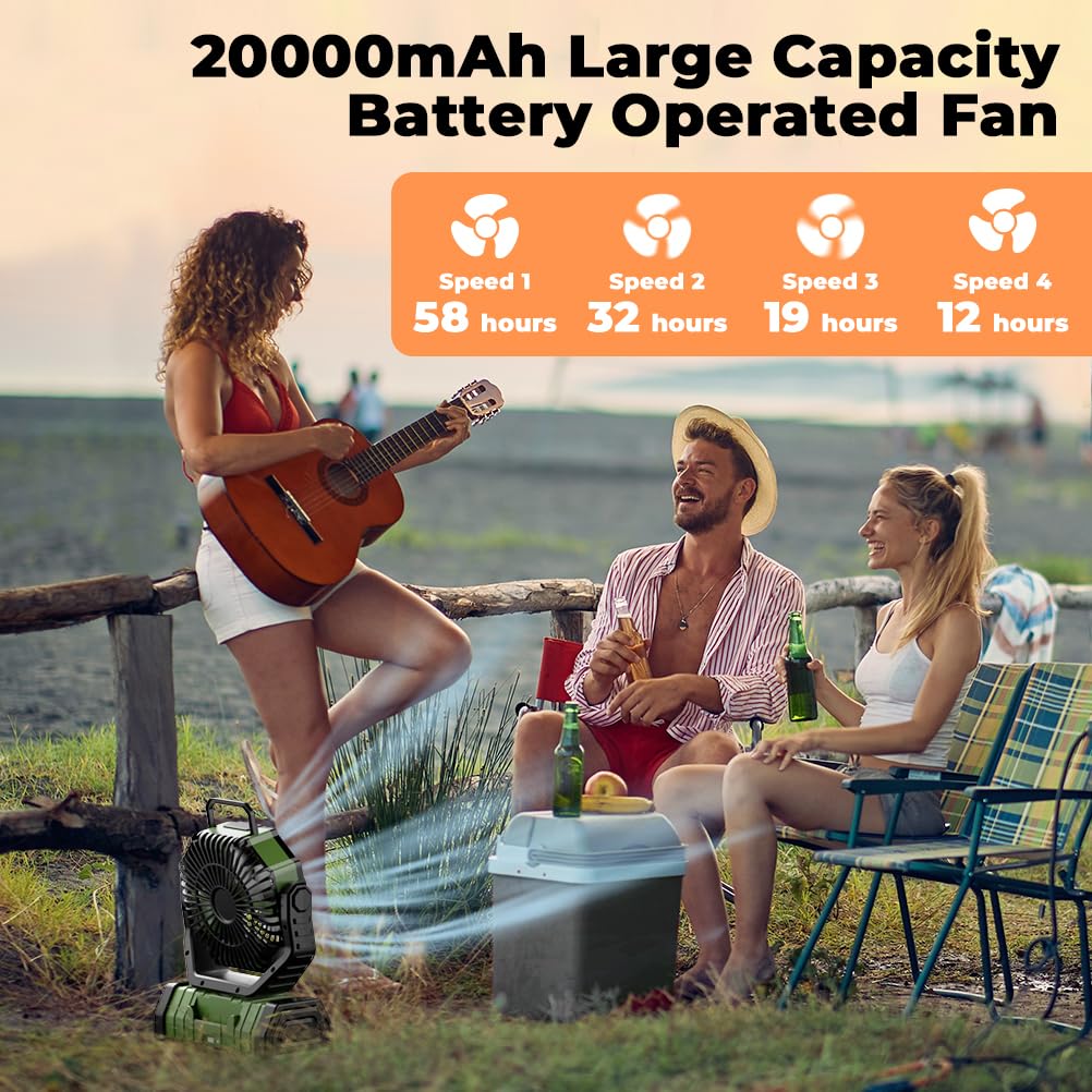 Camping Fan 20000mAh Battery Powered Fan Rechargeable with LED Light Portable Outdoor Tent Fan with Hanging Hook 4 Speeds Wind