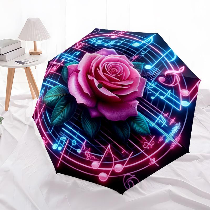 1pc Rose Music Automatic Folding Umbrella, Heavy Duty 8 Rib Iron Frame,  Suitable for Travel, Daily Use, Birthday, Decor Gift  68