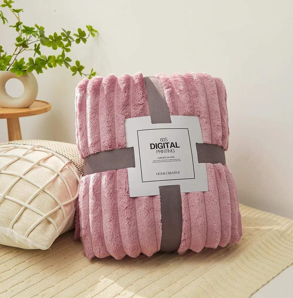 Wide Ribbed Flannel Fleece Blanket 300Gsm Ultra Soft Plush Throw Blanket Microfiber Cozy Warm Blanket For Couch Bed Sofa Travel