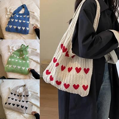 Grafische Strick-Tragetasche, modische gewebte Schultertasche, ästhetische Häkeltasche für Frauen