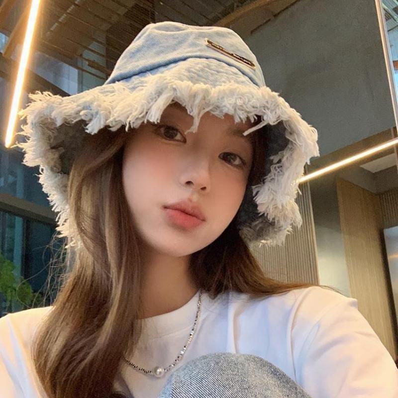 Korean Versatile Fisherman's Hat with Fringed Washed Aged Denim Hat Bucket Cap Outdoor Beach Casual Fisherman's Hat for Women