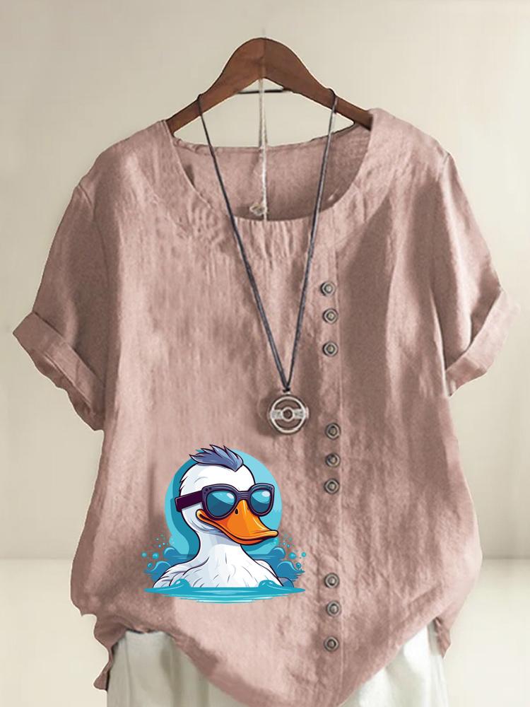 Women's Fashion Cool White Duck Print Casual Cotton Linen Short Sleeve Round Neck T-shirt Shirt Leisure Loose Summer Blouse Tops