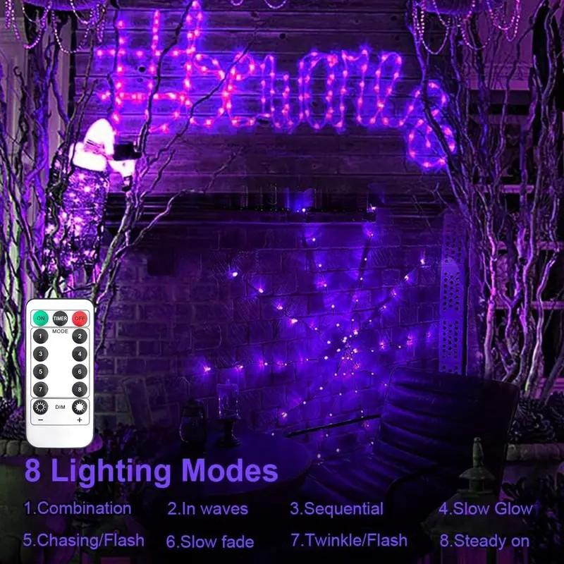 96LED Battery Powered Halloween LED Spider Web Light with Remote Spiderweb Purple Lights String for Garden Halloween Party Decor
