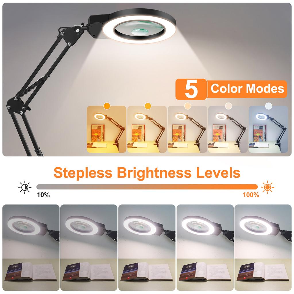 Long Swing Arms 5X/10X Magnifying Glass Lamp with 5 Color Adjust LED Lights Reading Table Lamp for Welding Repair Close Work