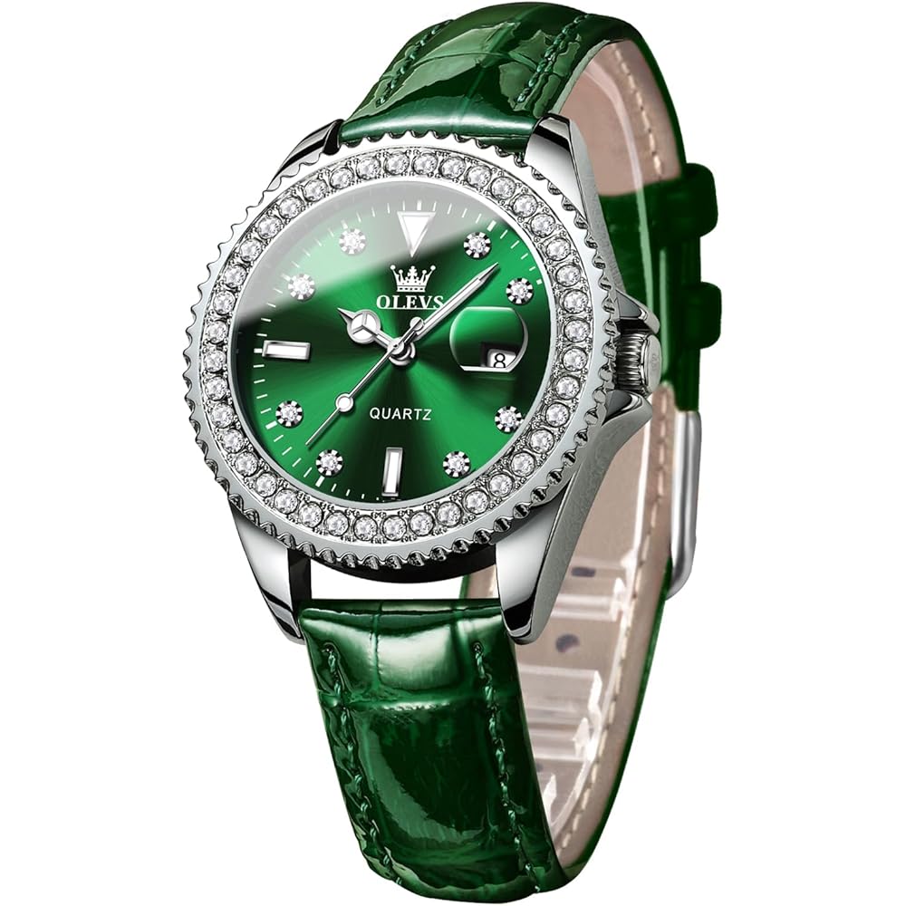 OLEVS Women s Quartz Watch Green Leather Strap Luminous Dial Lightweight 30M Waterproof
