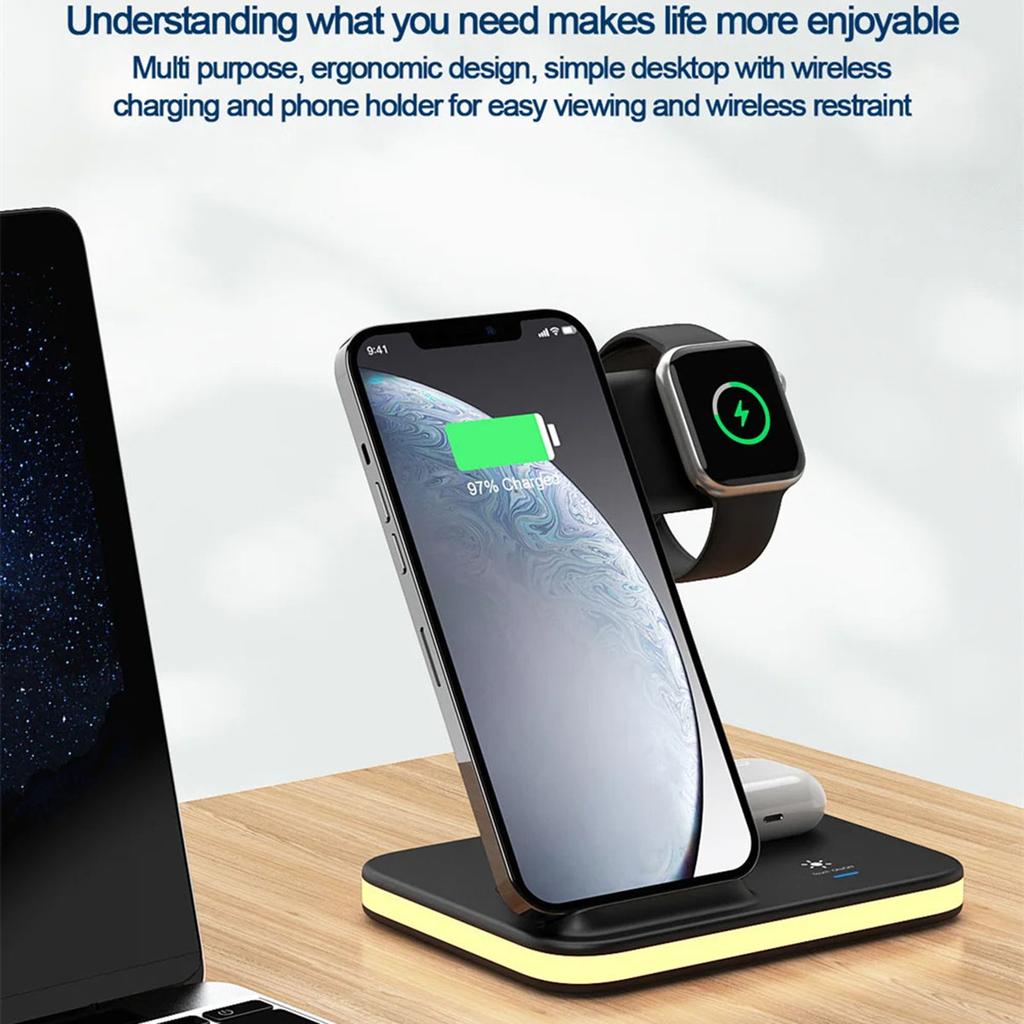 E6 4-in-1 15W Wireless Charger Phone Watch Earphone Charging Stand Night Light