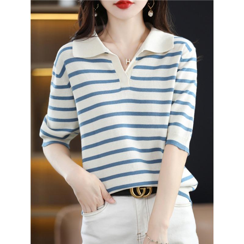 

Хлопковая футболка-поло с коротким рукавом для женщин на лето, новая, свободная, облегающая, свитер в милом стиле, короткий модный топ XXL синий