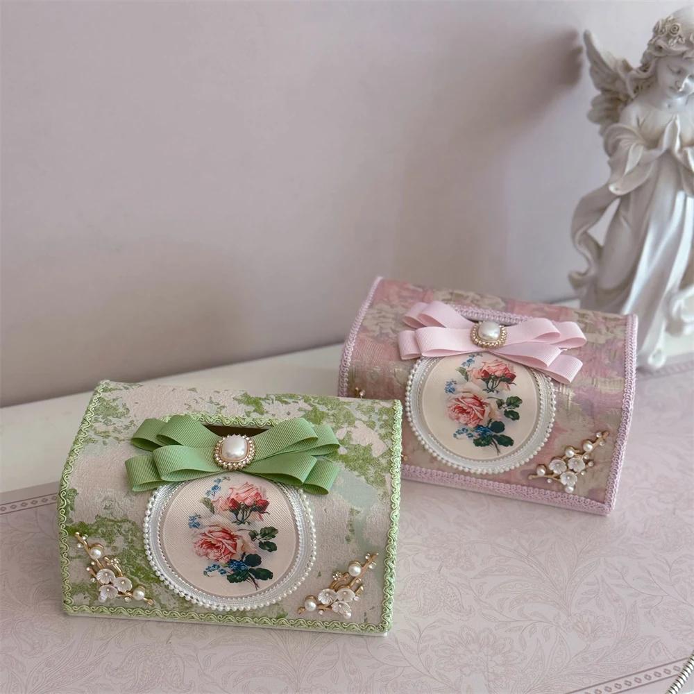 Korean Romantic Tissue Box Oil Painting Style Lace Tissue Box Pearl Bow Fabric Household Car Paper Box Pink Green Brown