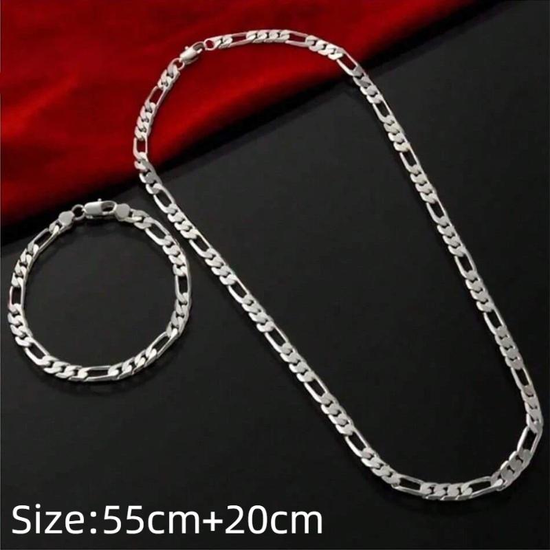 Noble New Arrive Silver Flat Sideways Chain Bracelet Necklace Set For Women Man Fashion Party Wedding Jewelry Gifts Accessories