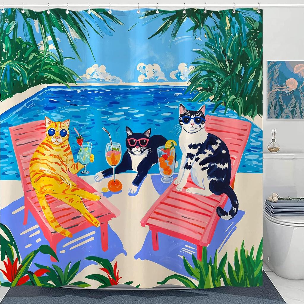 Adorable Cats Shower Curtain Set Cozy Plant Pot Design Waterproof Bathroom Shower Curtain Cute Feline Group Print Charming Home