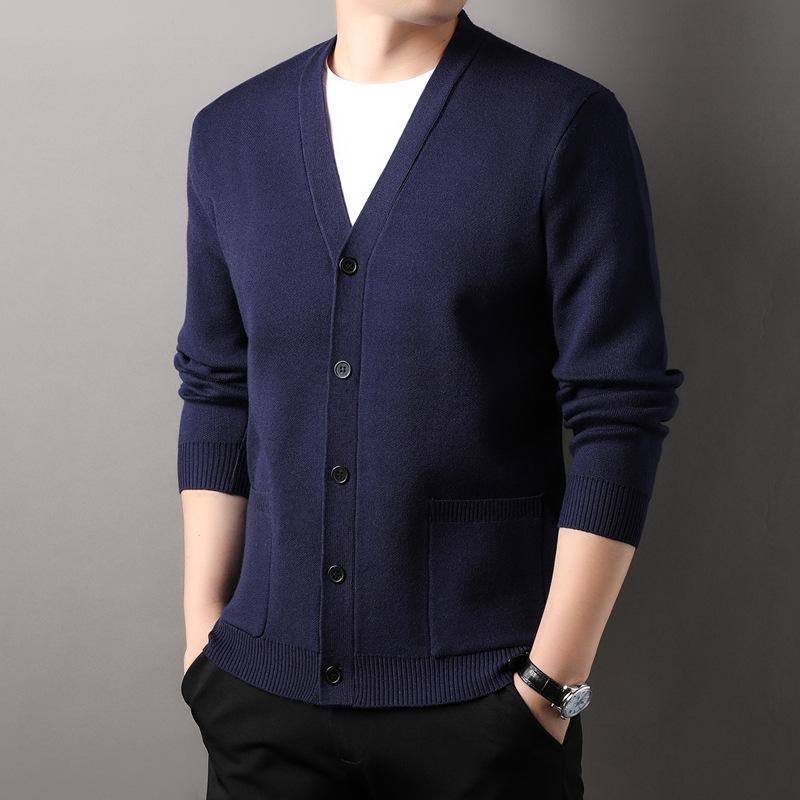 Men's Knitted Cardigan Coat Spring and Autumn V-neck Solid Color Top Real Pocket Sweater Business Casual Outdoor Sweater