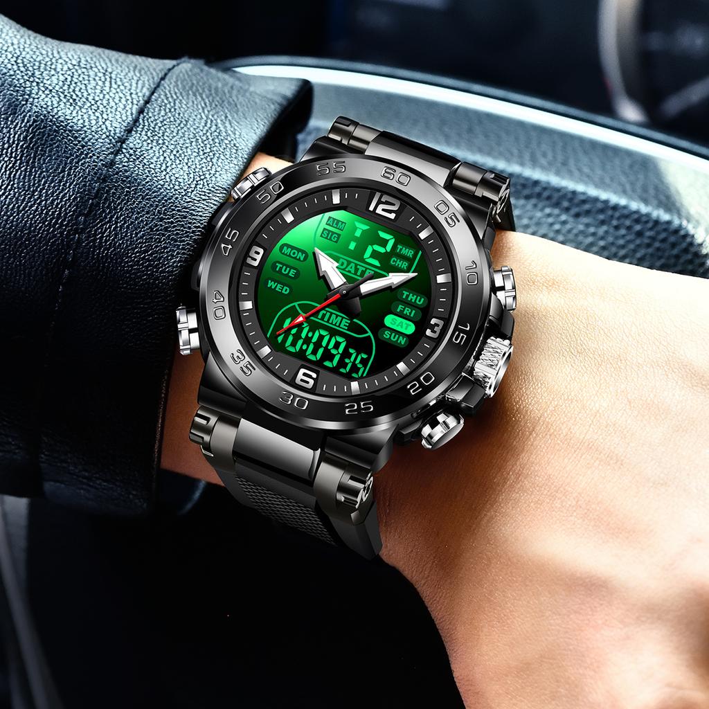 FOXBOX Top Luxury Watches For Man Alarm Stopwatch LED Digital Backlight Dual Time Display Waterproof Watches Men Montre Homme