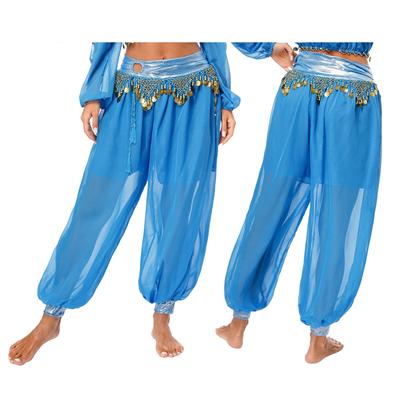 Womens Belly Dance Costume Chiffon Plastic Beads Tassels Bloomers Metallic Ruched Waistband Side Split Pants