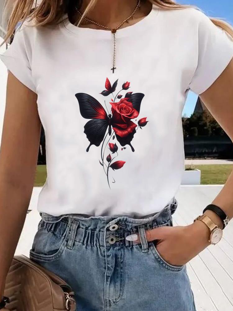(Asian Size)  trend butterfly flower cute Graphic Tee Fashion T Clothing Women's Top  Print Female Casual  Short Sleeve T-shirts