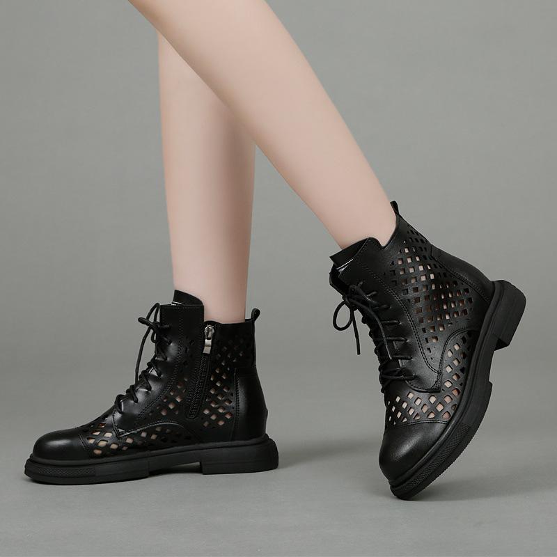 Low-heeled leather hollowed-out Martin boots women's cool boots mesh breathable hole shoes 2025 summer new sandals short boots