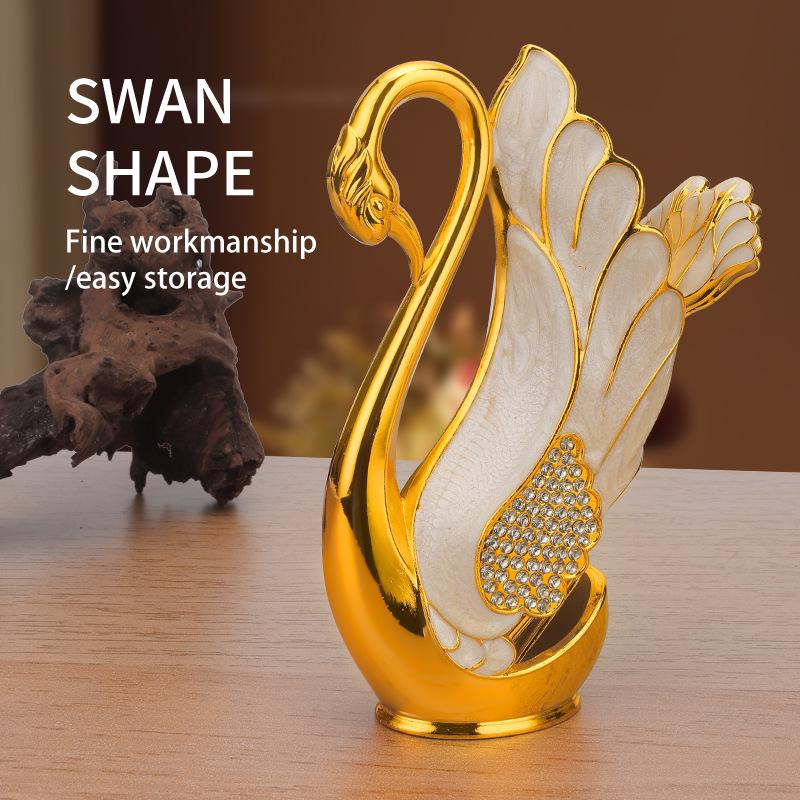 European Luxury Gold & Silver Rhinestone Swan Spoon and Fork Set with Swan Stand
