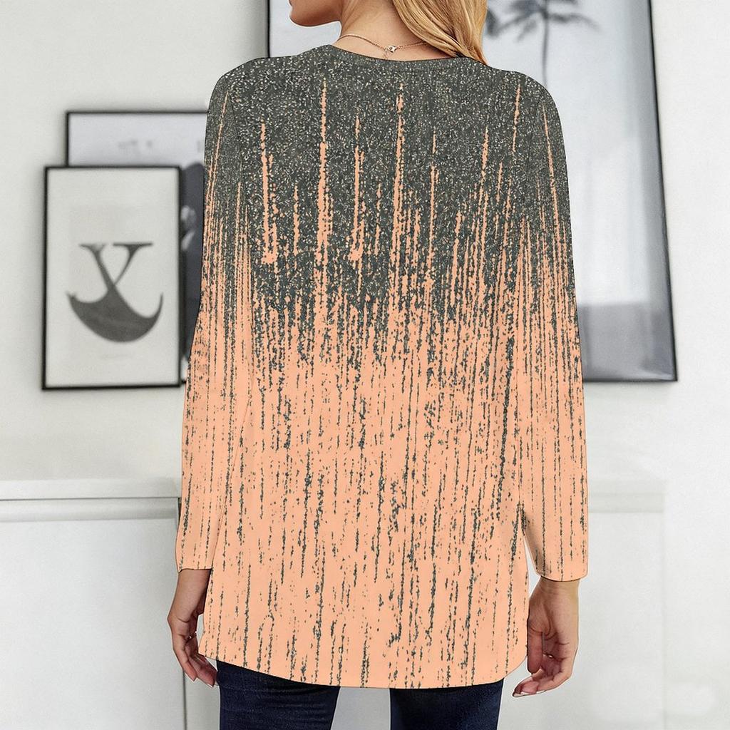 Women Plus Size Round Neck Printed Long Sleeve T Shirt Blue Brown Loose Fit Longline With Pockets