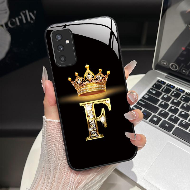 For Samsung M52 5G Case Galaxy M14 SM-M526B SM-M146B Phone Case ShockProof Fashion Initial Letter Hard Tempered Glass Back Cover