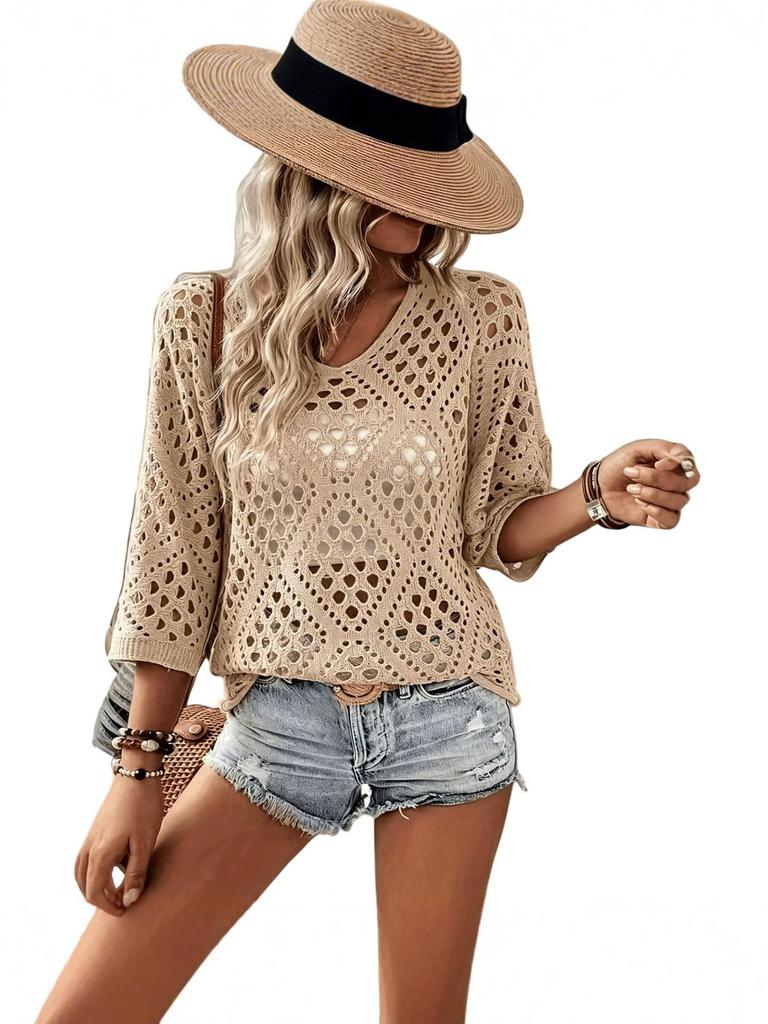 Women's Summer Hollow Loose Short Sleeve Breathable Cardigan Sweater